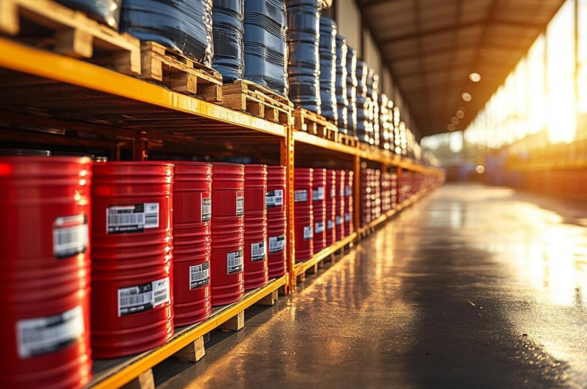 Large warehouse storage of Chempioil automotive lubricants and engine oils in Dubai